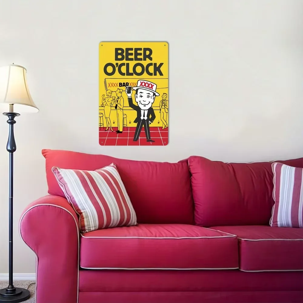لافتة معدنية "Beer O'Clock" غير منتفخة - ديكور قديم مع أنماط كرتونية ممتعة، مادة متينة مقاومة للصدأ، مثالية للنوادي والكراجات