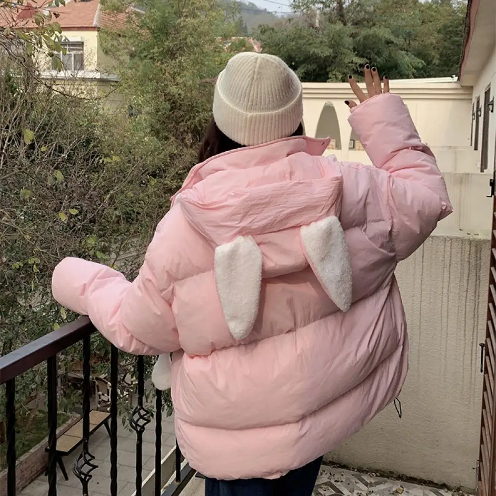 Cartoon Sanrioed Cinnamoroll Down Jacket Ears Can Move Kawaii Anime Winter Student Thickened Women Hooded Cotton Coat Loose Coat