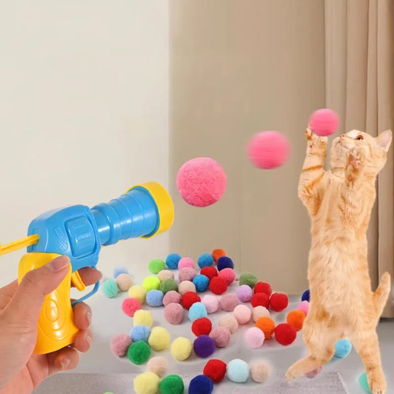 Cat Toy Interactive Fun Toy Shooting Gun Plush Bounce DIY Ball Cat Stick Launch Training Toy For Pet Cat Kitten Supplies