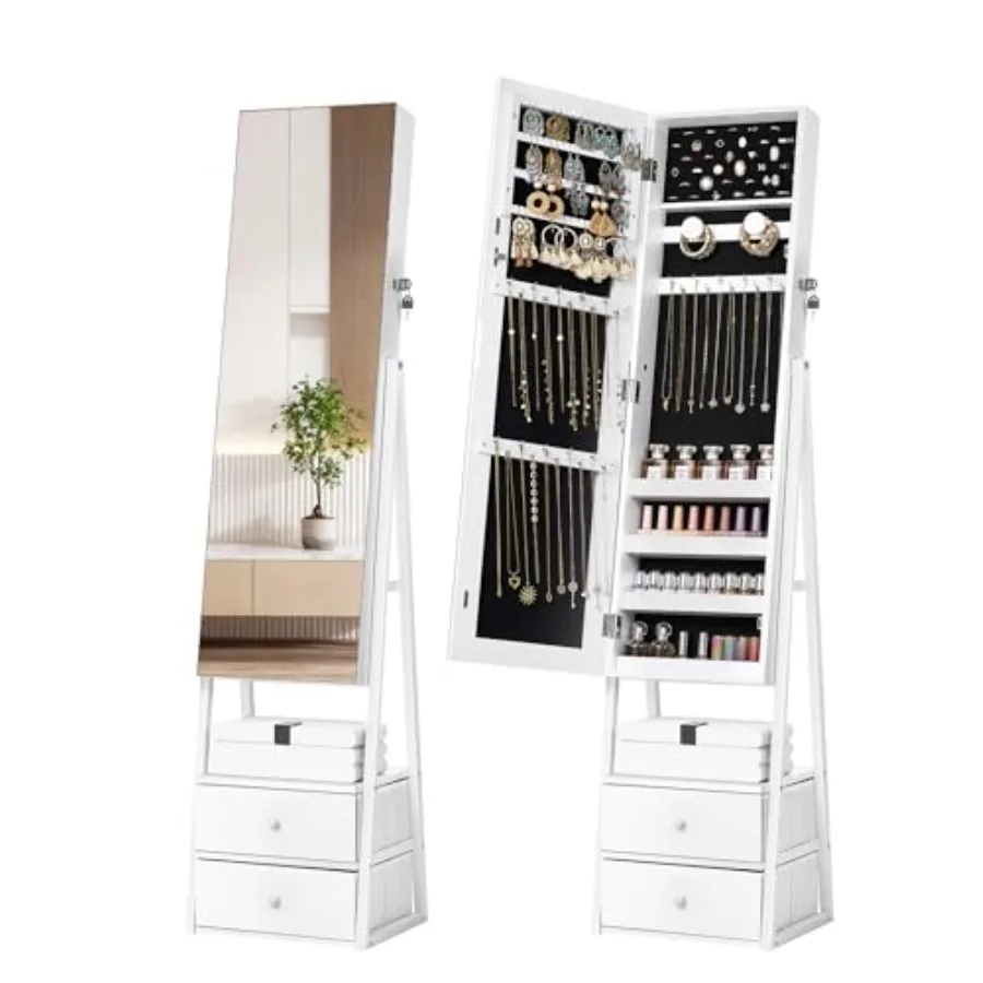 

Jewelry Cabinet Armoire with 2 Drawers Lockable Standing Mirror Jewelry Cabinet Full Length Mirror with Jewelry Storage Christm