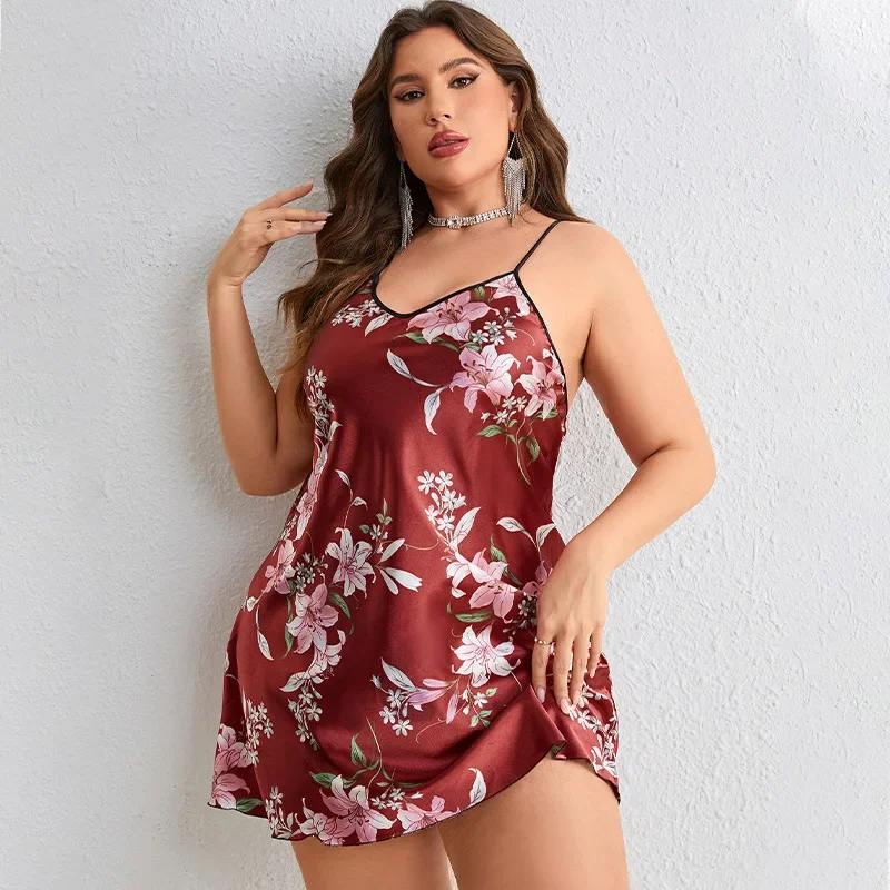 Plus Size Silk Satin Women Nightgown Floral Print Sleeveless Pajama Dress V Neck Cross Back Sleepwear Nightwear Homwear Cloth