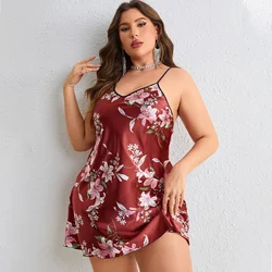 Plus Size Silk Satin Women Nightgown Floral Print Sleeveless Pajama Dress V Neck Cross Back Sleepwear Nightwear Homwear Cloth