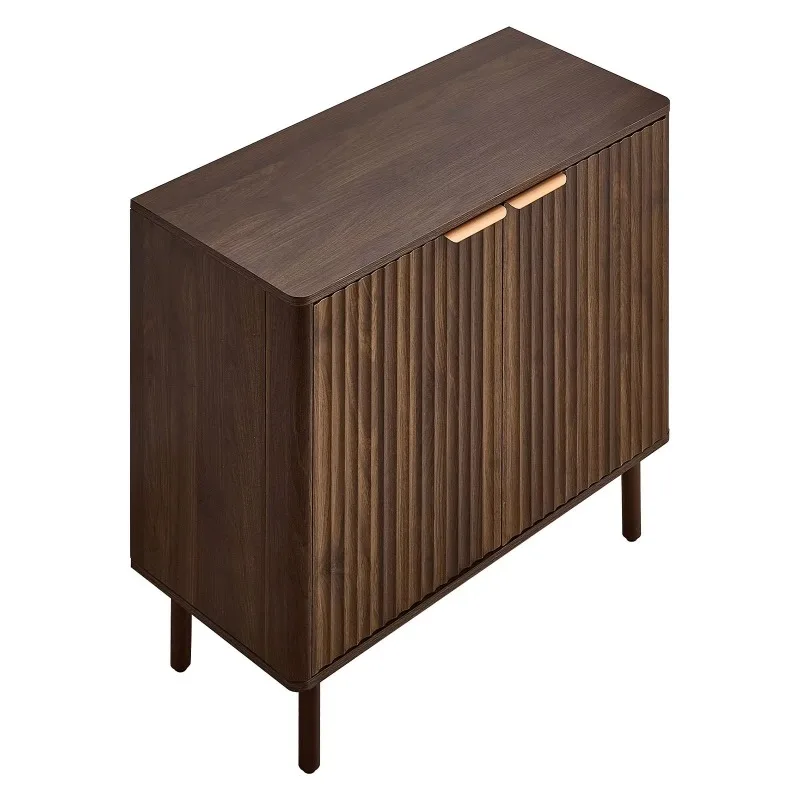 Medieval-style grooved coffee bar cabinet with 2 levels of storage, with barn door