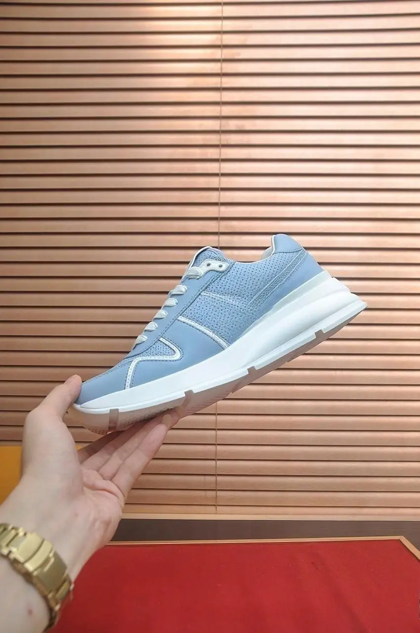 Unisex Light Blue Chunky Sneakers Mesh Faux Leather Splicing Lace Up Thick Sole Casual Walking Shoes