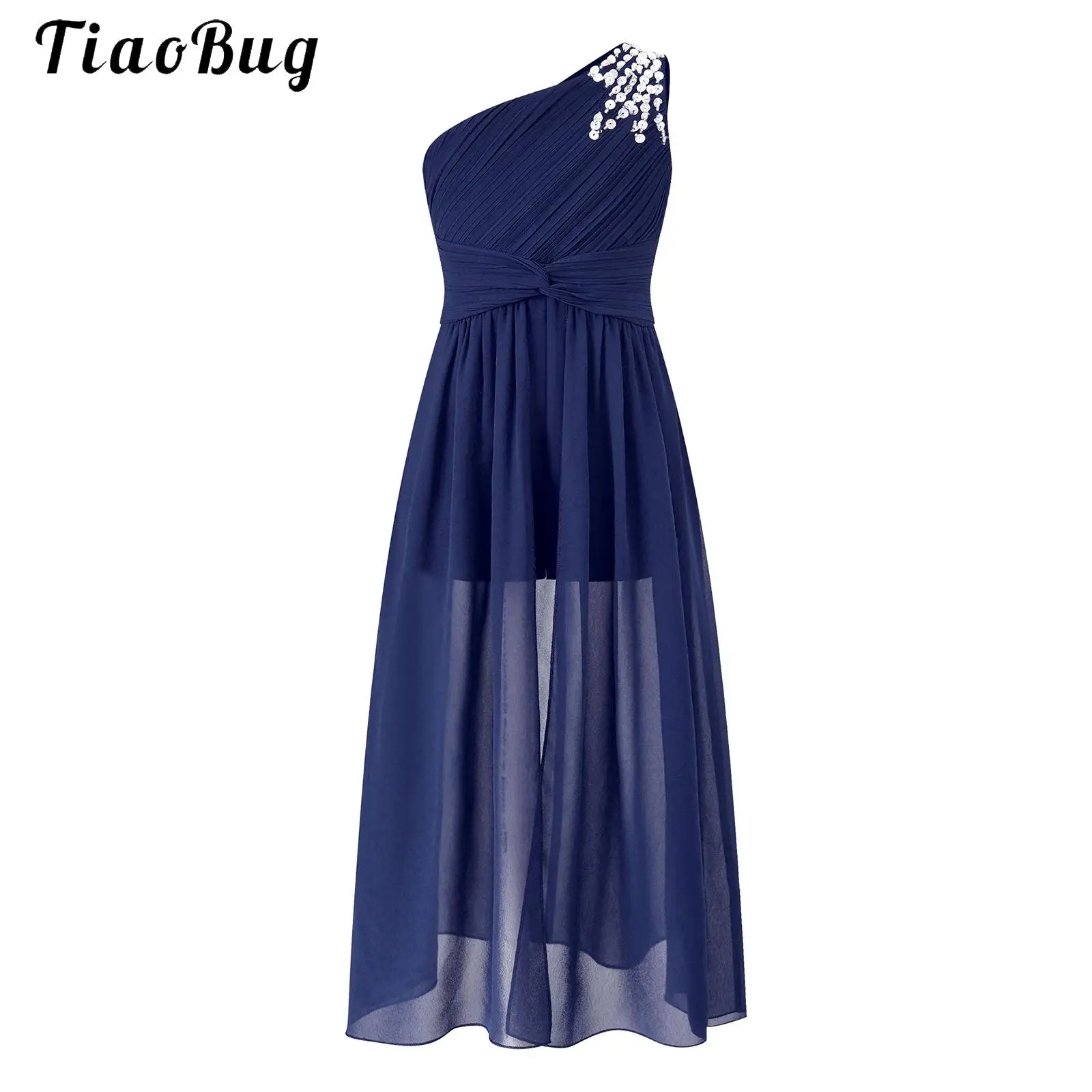 

Kid Girls Shiny Beaded Party Dress One Shoulder Ruched Asymmetric Hem Party Dress for Evening Proms Wedding Bridesmaids Princess