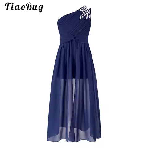 Kid Girls Shiny Beaded Party Dress One Shoulder Ruched Asymmetric Hem Party Dress for Evening Proms Wedding Bridesmaids Princess