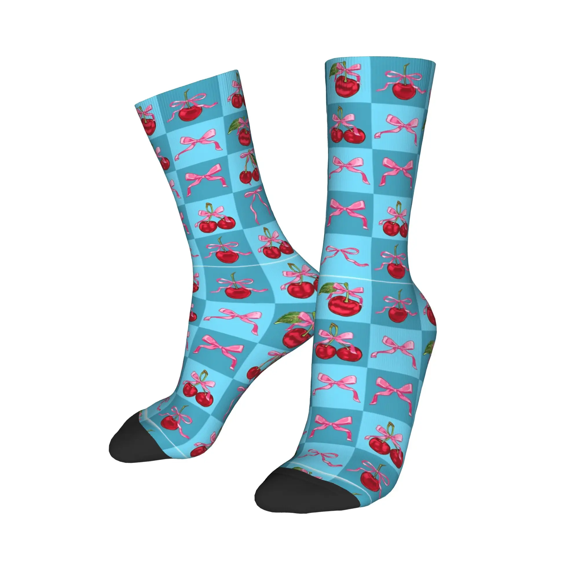

Hip-hop Blue Cherries and Bows Checker Skateboard Socks Pink Bow Cherry Pattern Polyester Crew Socks for Women Men Non-slip,