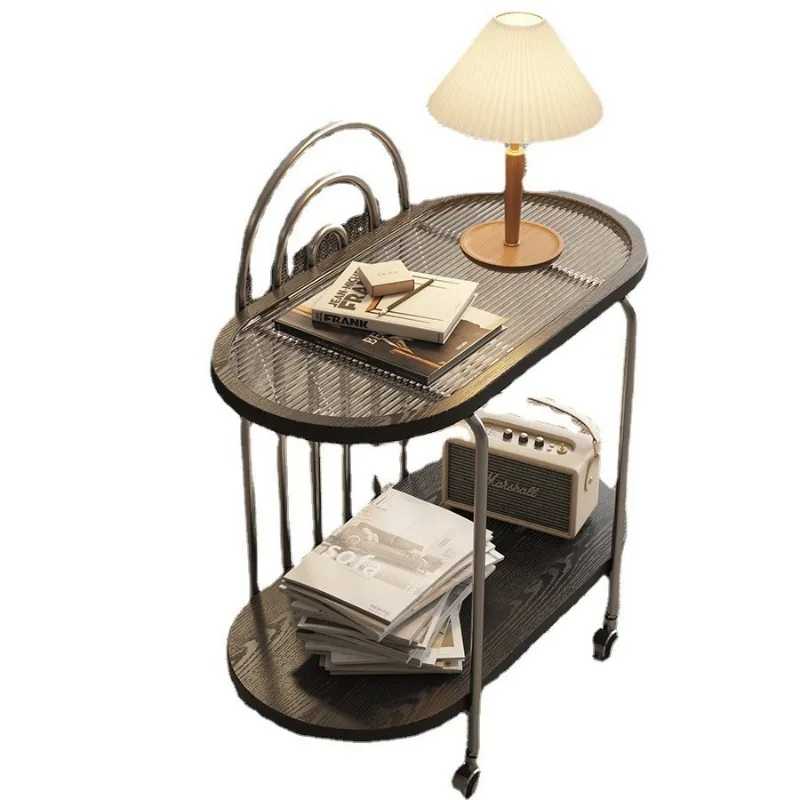 Several trolleys on the side of the sofa, a cream light luxury solid wood small coffee table, a detachable corner frame at the