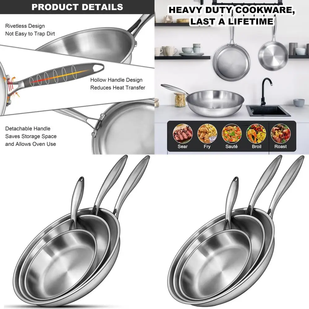

Set of 3 Tri-Ply Stainless Steel Fry Pans, 8-10-12, PFOA/PTFE-Free, Induction Compatible, Oven & Dishwasher Safe, Even Heat Dist