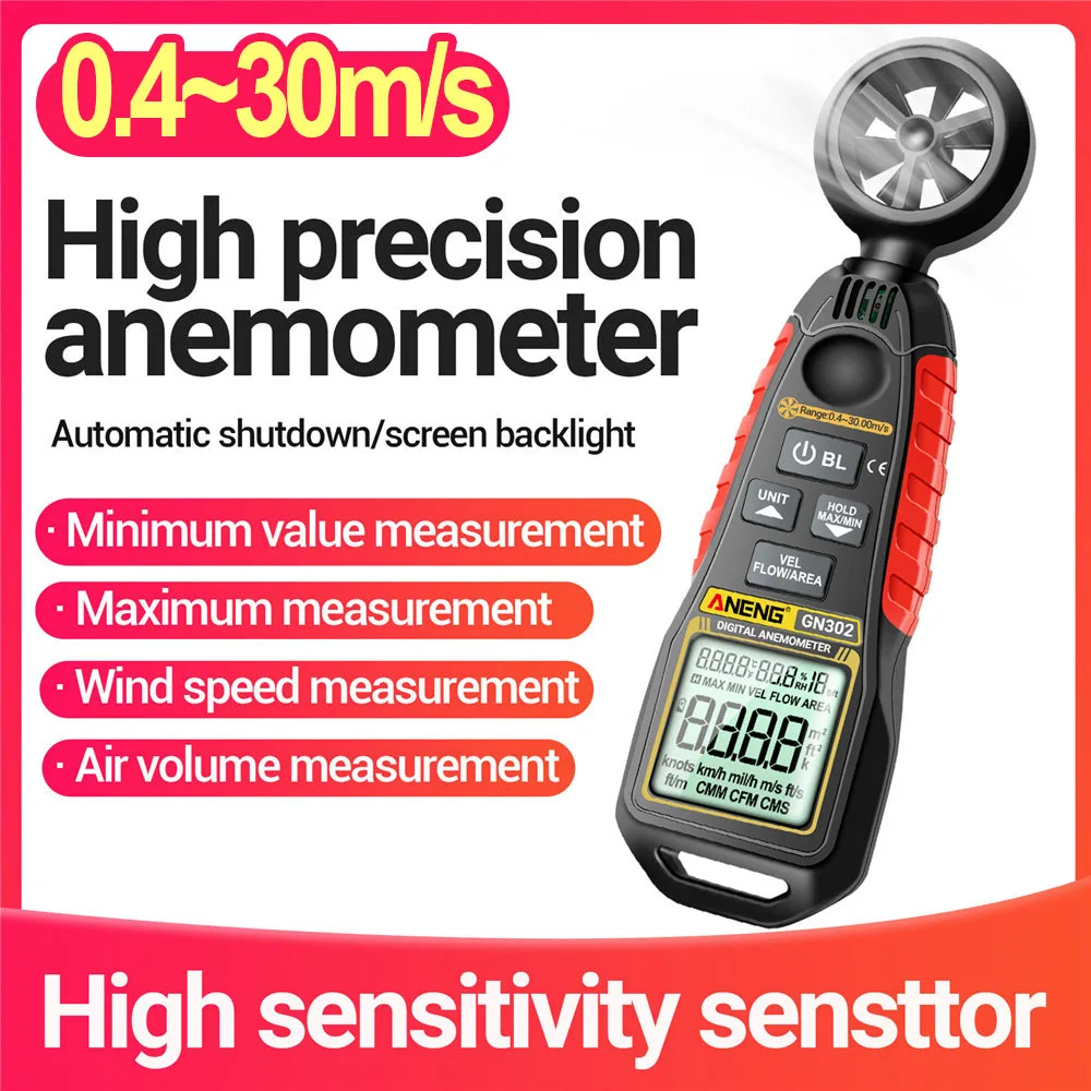 Handheld Anemometer LCD 4 Digits 9999 Count Digital Wind Anemometers 0.4~30.00m/s Speed Measurement Temperature Tester