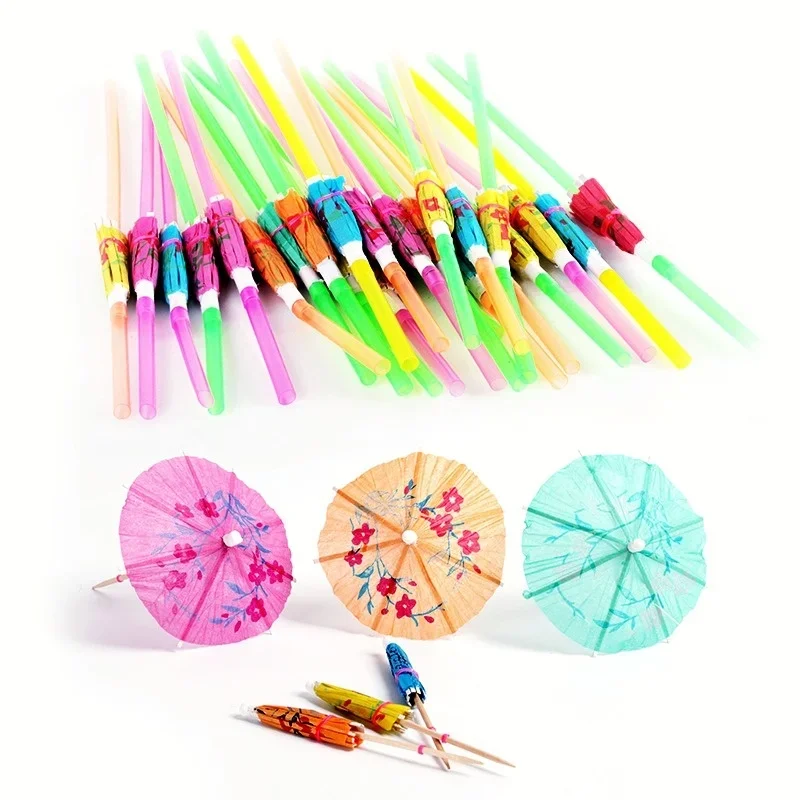 24pcs/pack straw Drink Fruit Cake Sticks Mini Paper Umbrella Cocktail Parasols Wedding Decoration Birthday Party Supplies