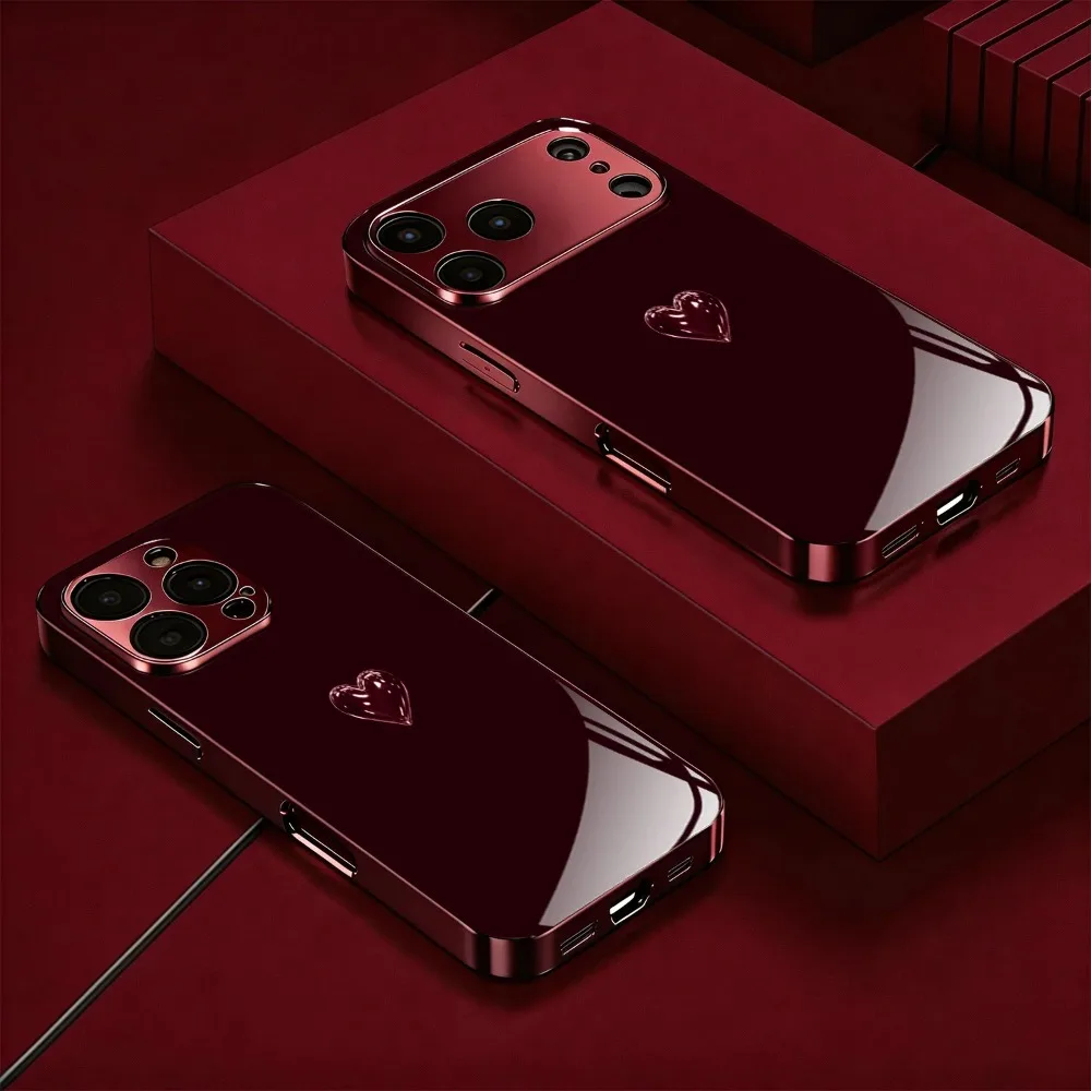 Heart Pattern Electroplated Wine Red New Mobile Phone Case Glass Protective Cover for iPhone 17, 16, 15, 14, 13, 12, 11, Etc