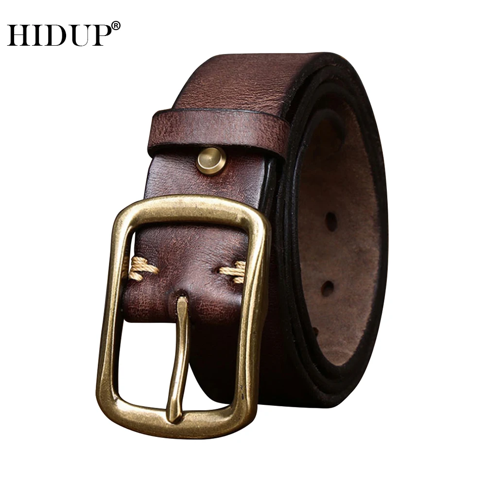 HIDUP Top Grade Quality 100% Pure Cowhide Leather Brass Pin Buckle Casaul Belts for Men