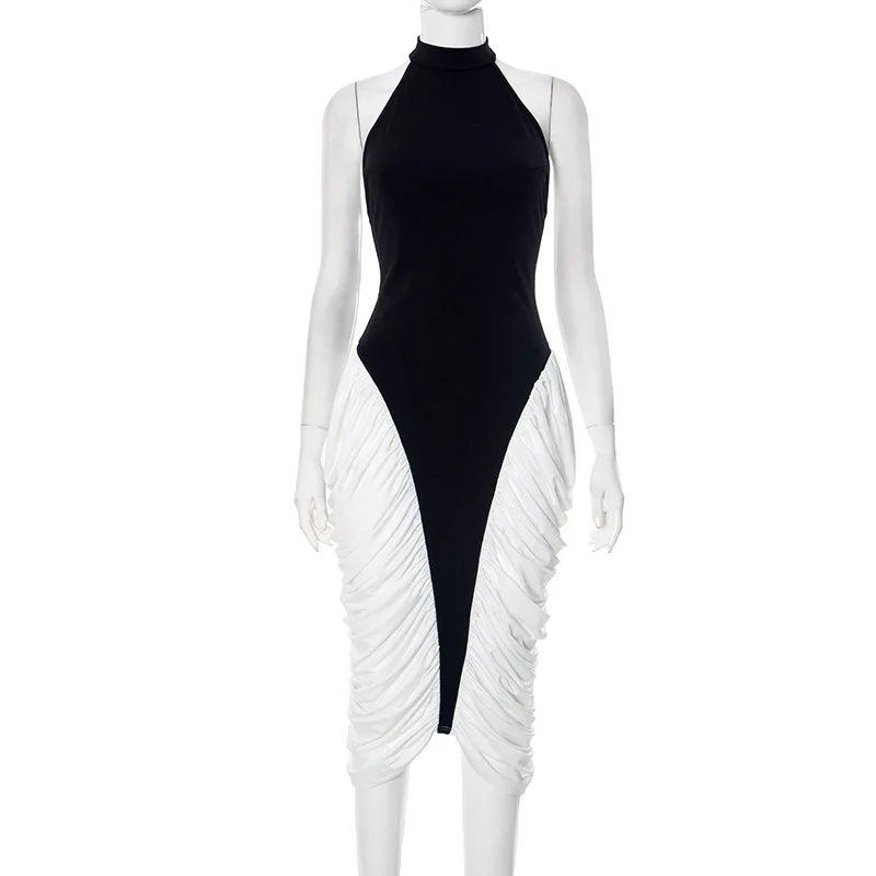 

2025 Summer Halter Patchwork Contrast Color Pleated Elegant Midi Dress Women Sleeveless Backless Slim Club Party Street Vestidos