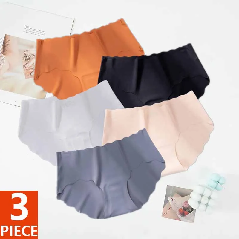 3PCS/SET Women Invisible Panties Seamless Solid Color Ice Silk Briefs Female Low-Waist Comfortable L