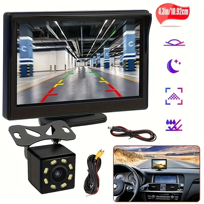 This Is a 10.92cm HD Monitor with an 8 Leds Rear View Camera Kit Designed for Car Backup And Parking Assistance.