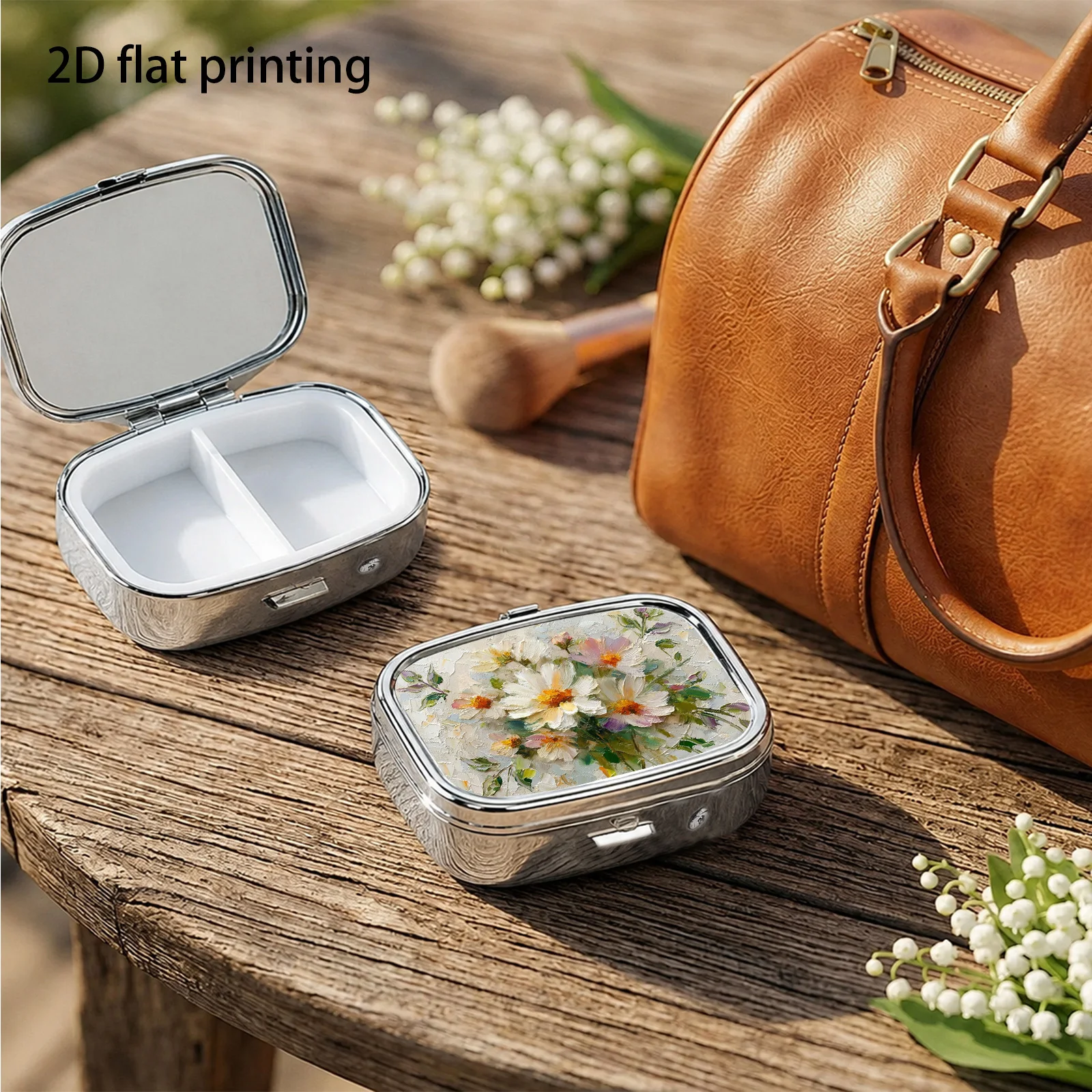 Fresh Watercolor White Daisy Wildflower Floral Hand-Painted Pattern, Small Square Pill Organizer with Two Compartments, Portable Medicine Storage, Can Also Be Used as a Household Portable Organizer, Decorative Box, Perfect for Handbags, Wallets, and Travel, Metal Storage Box, Small Jewelry Organizer, Ideal for Holiday Gifts, Souvenirs, Prizes, and Small Gifts