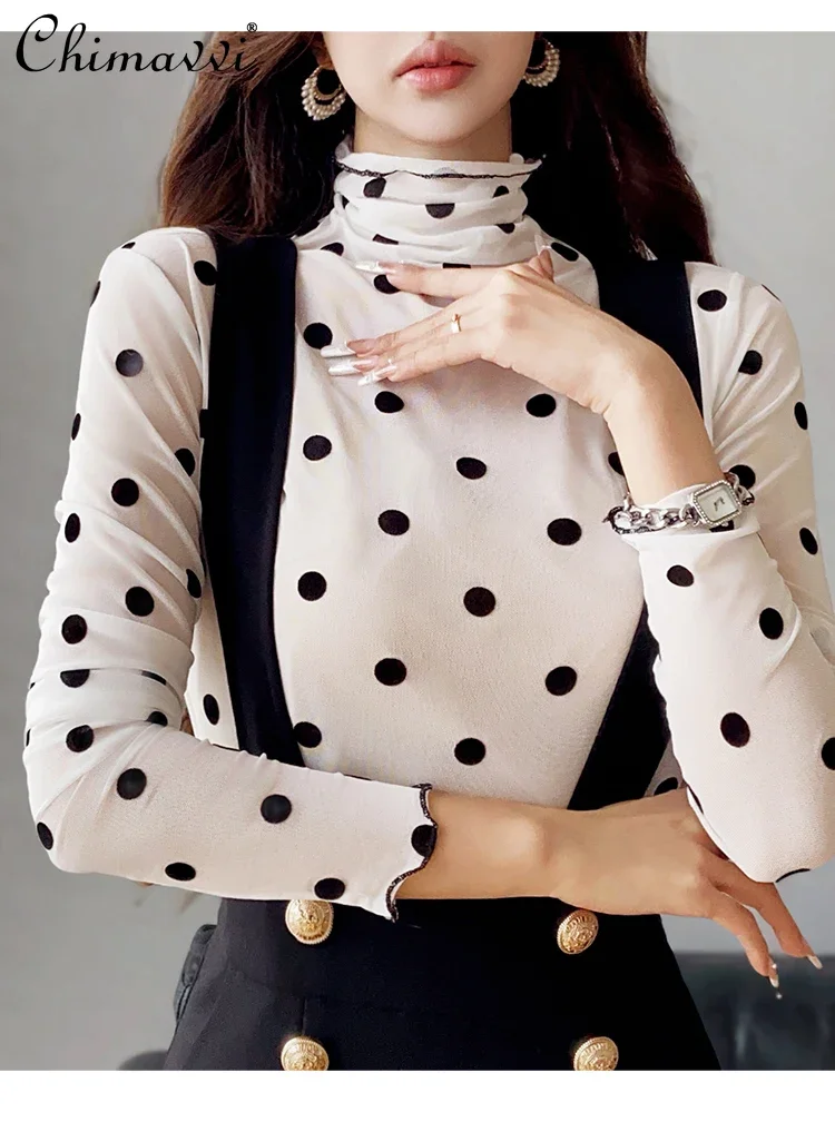 French Style Elegant Commuter Stand Collar Long Sleeve Black Dot Slim fit All-matched Casual Inner Top T-Shirt Women Tops Autumn