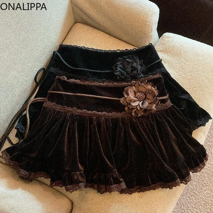 

Onalippa Vintage Multi Ruffles Cake Skirt Solid Three Dimensional Flower A Line Velvet Mini Skirts Korean Chic Women Clothing