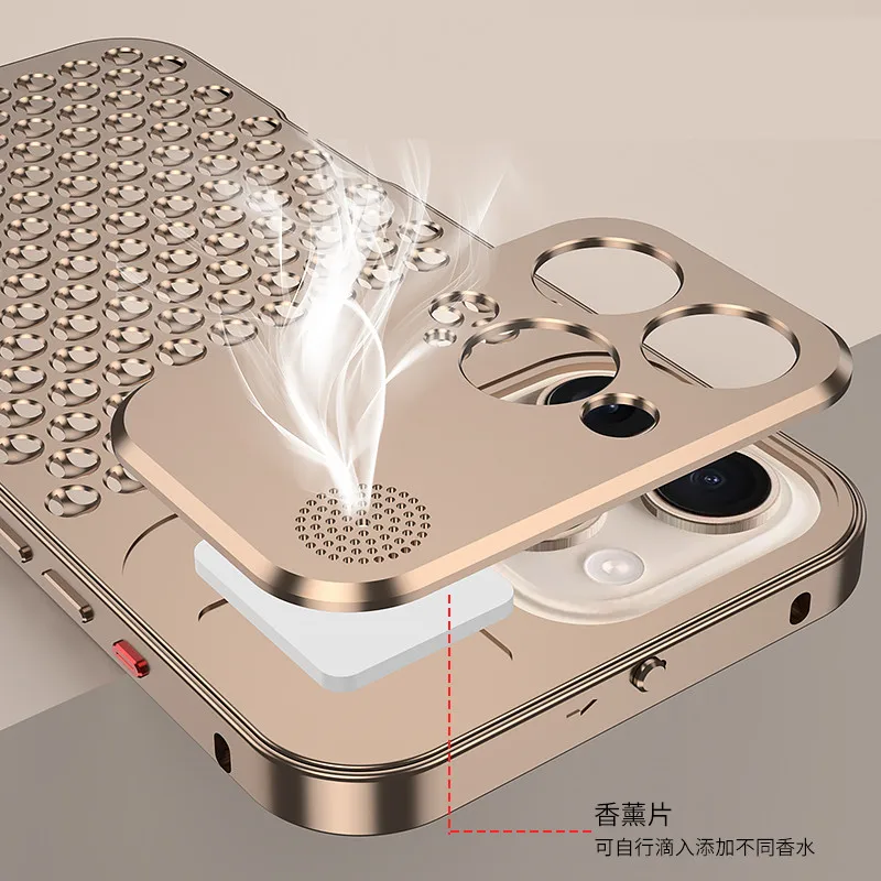 Metal Heat Dissipation Phone Case For iPhone 16 pro Cooling Fragrance Hollow Aluminum Shockproof Cover For iPhone 16 Pro Max