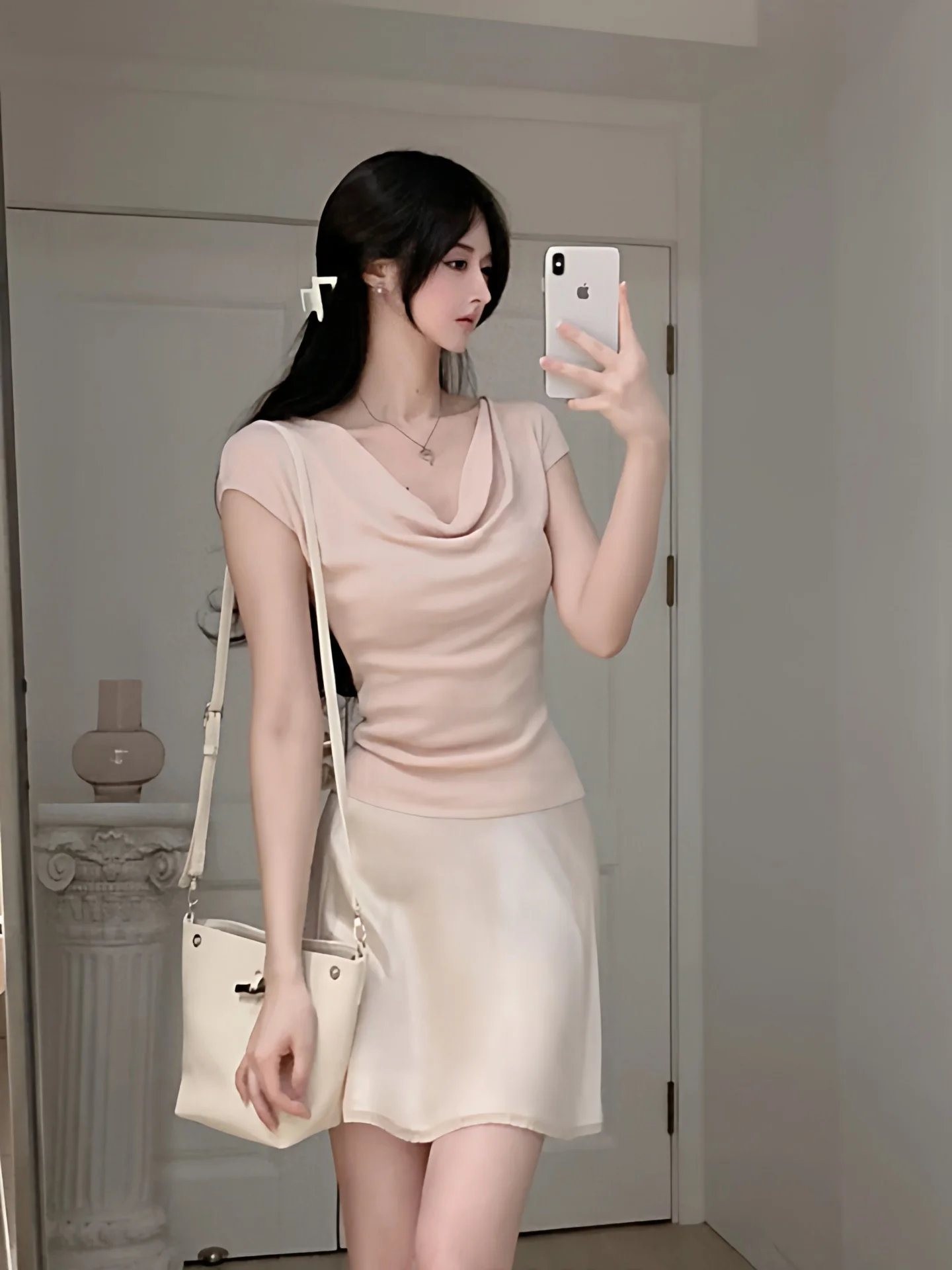 

Pink Knitted Ice Silk Slim Fit T-Shirt with Flying Sleeves Summer Gentle Style French Style Versatile Body Shape Pure Color
