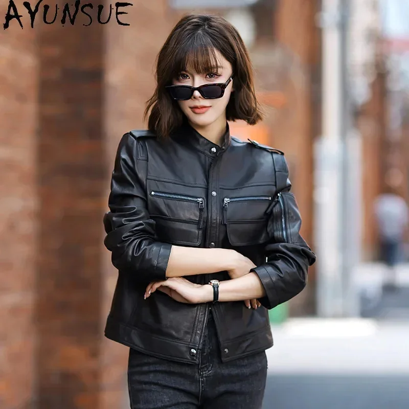 

Real AYUNSUE Leather Jacket for Women 2024 Genuine Sheepskin Coat Standing Collar Short Jackets Jaqueta Couro Feminina