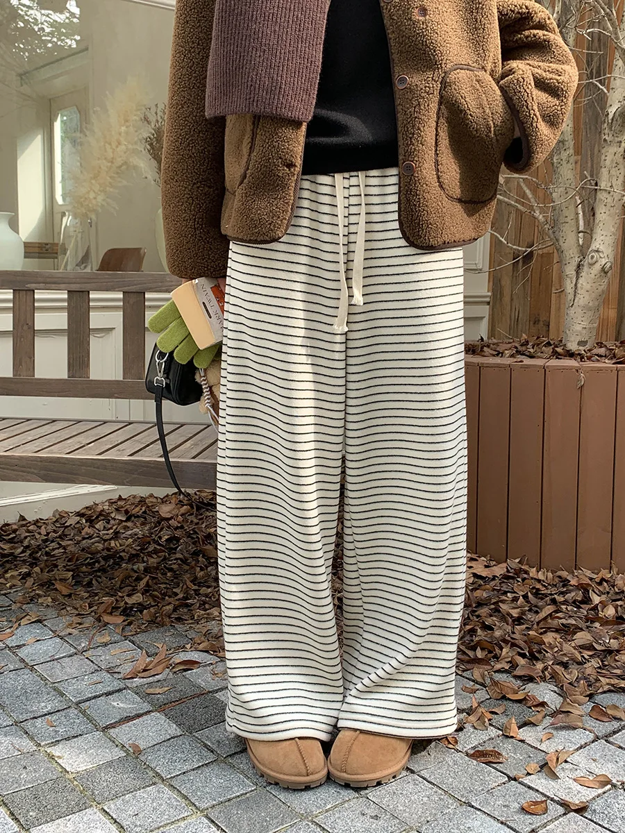 بنطال نسائي شتاء 2025 كاجوال عالي الخصر برباط من القطيفة واسع الساق فضفاض مناسب بنمط مريح #1