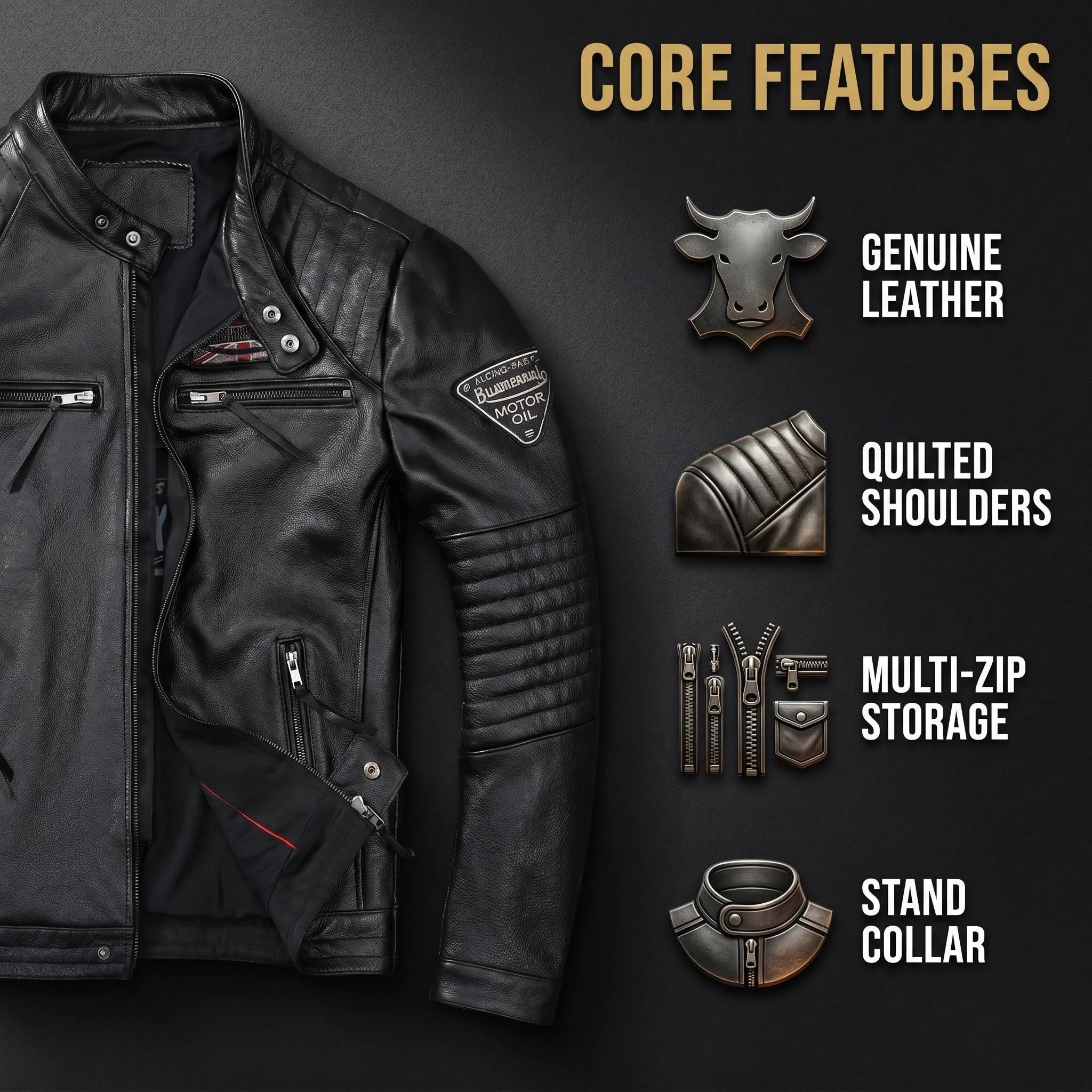 Genuine Cowhide Leather Biker Jacket Men's Slim Fit Short Motorcycle Coat Embroidery