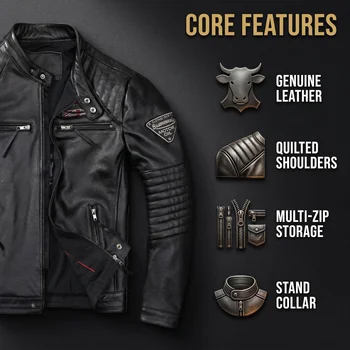 Genuine Cowhide Leather Biker Jacket Men's Slim Fit Short Motorcycle Coat Embroidery 2