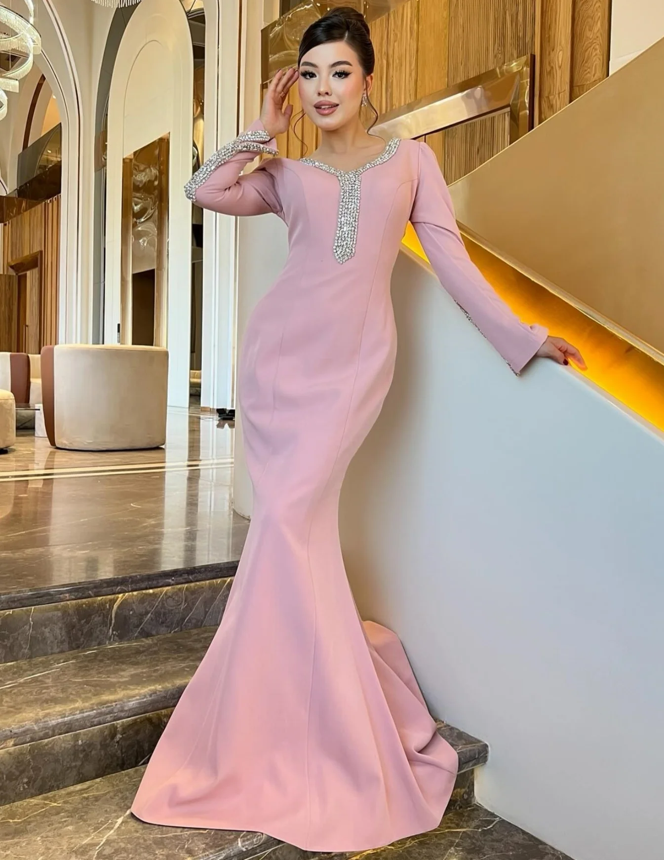 Customized Intricate Matching Jersey Sequined Trumpet V-neck Long Dresses Bespoke Occasion Intricate Formal