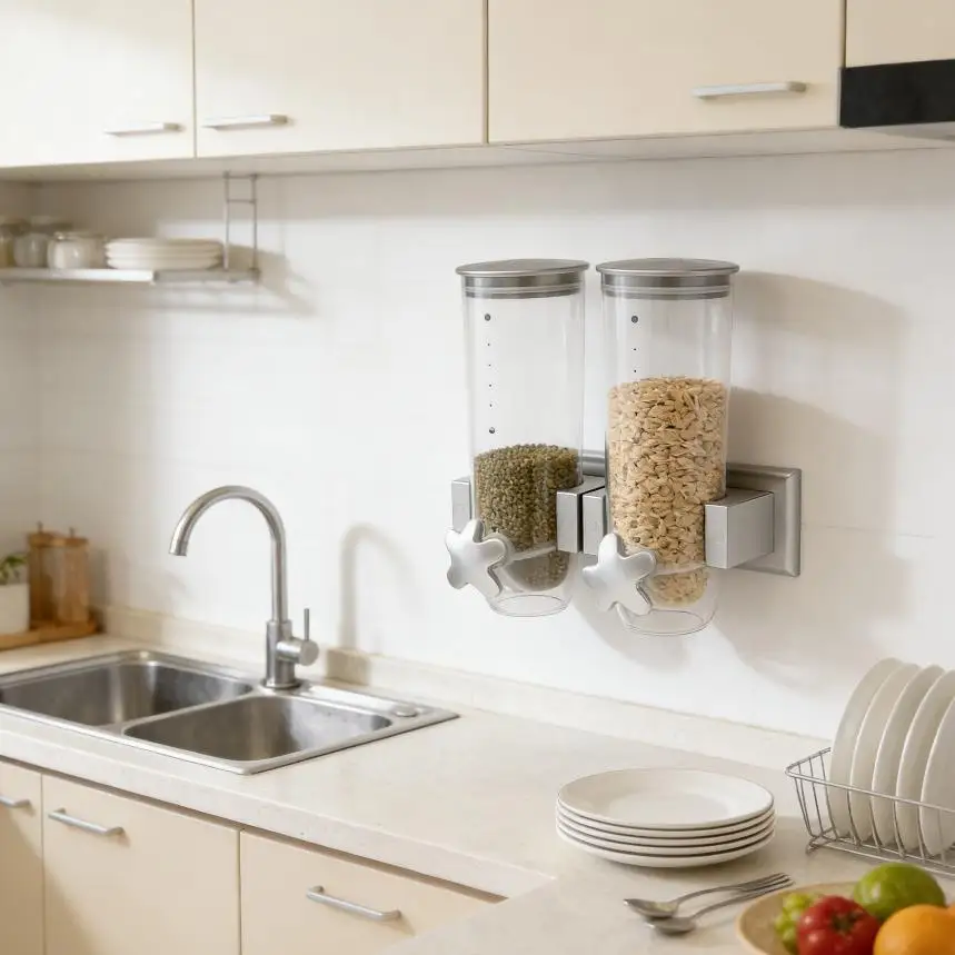 

Двухсекционный дозатор для круп с настенным креплением, контейнер для риса с мерным стаканом для организации хранения на кухонной стойке и в кладовой