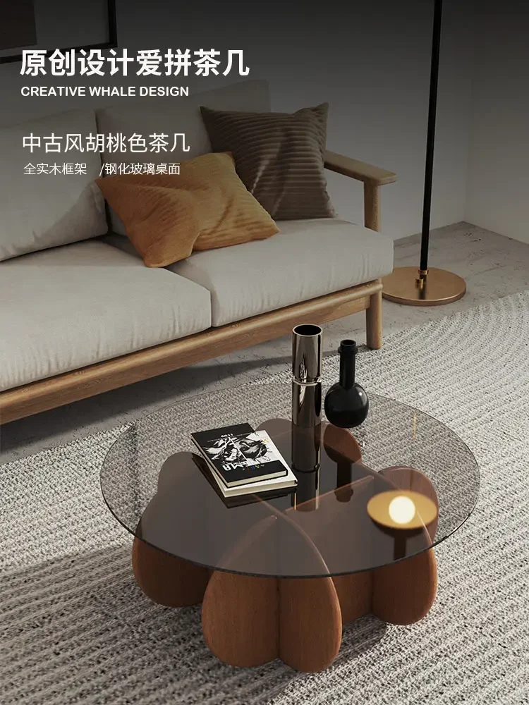 

Wabi-sabi wind coffee table light luxury high-end tempered glass small apartment living room round medieval solid wood petals