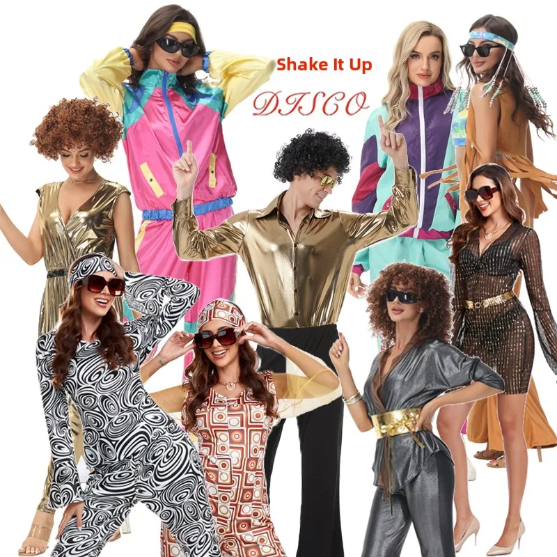 

Костюм для дискотеки в стиле 70-х, ретро-одежда для бара, наряд для выступлений в стиле хиппи, полиэстер, для сценических выступлений