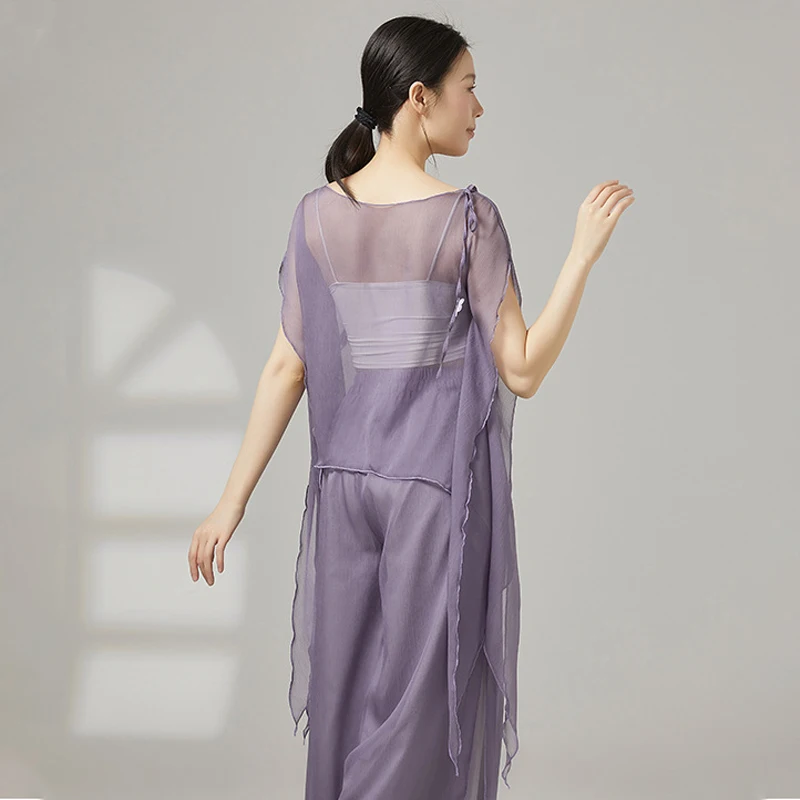 Women Chiffon See Through Modern Dance Top Breathable Soft Classical Dance Blouse Slit Batwing Sleeve Loose Dancing Practice Top