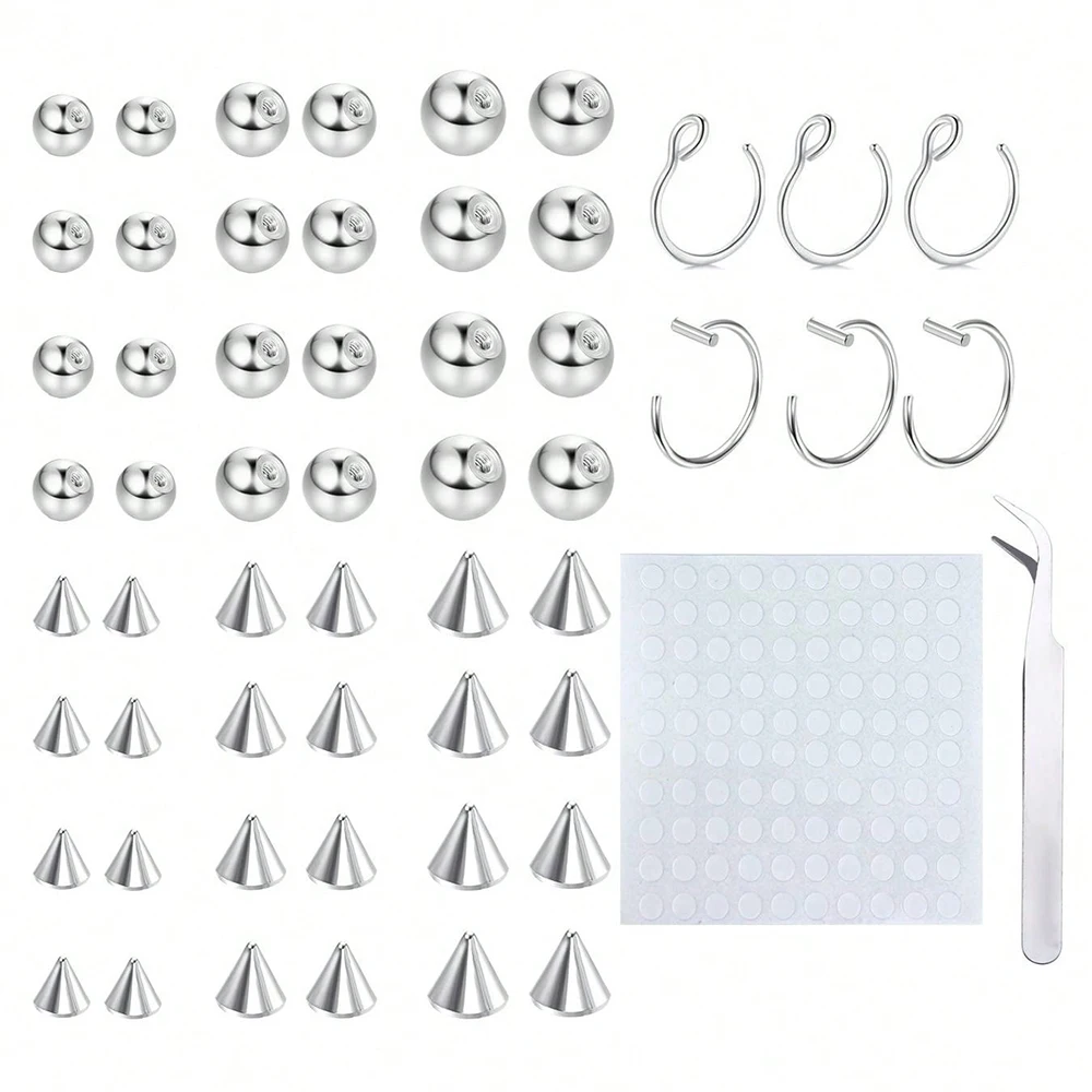 Sticke On Fake Lip Studs Fake Labret Rings Balls Spike With 100Pcs Sticker Stainless Steel Fake Eyebrow Ring Non-Piercing