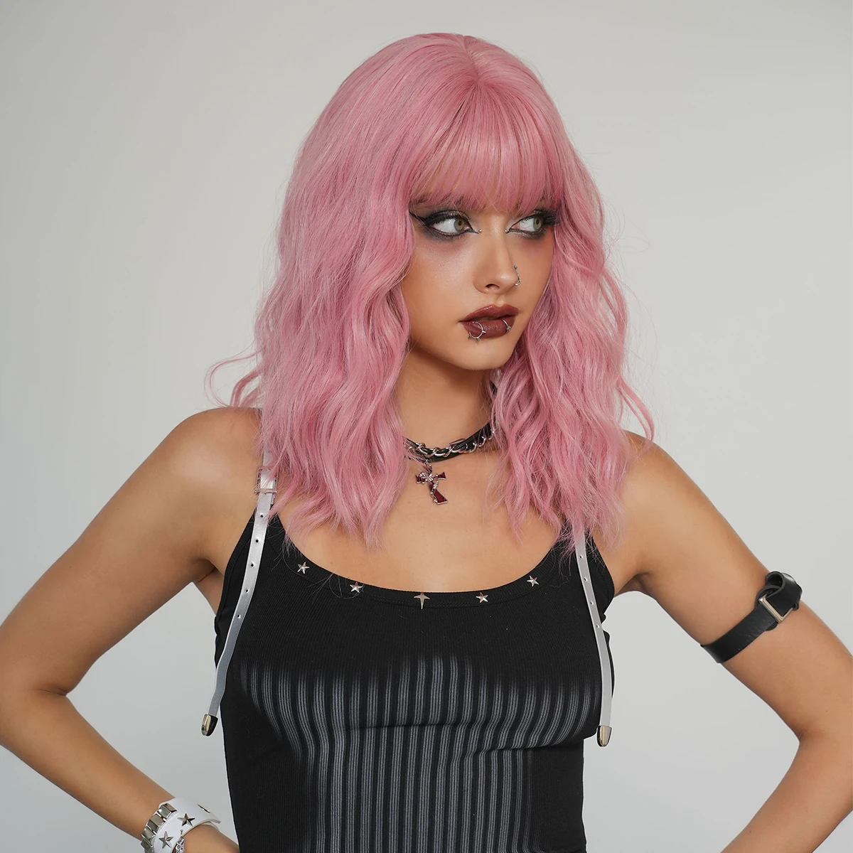 7JHH WIGS Shoulder Length Water Wave Pink Wig for Women Synthetic Heat-Resistant Modest Fashion Wear and Go Wigs with Neat Bangs - view 2