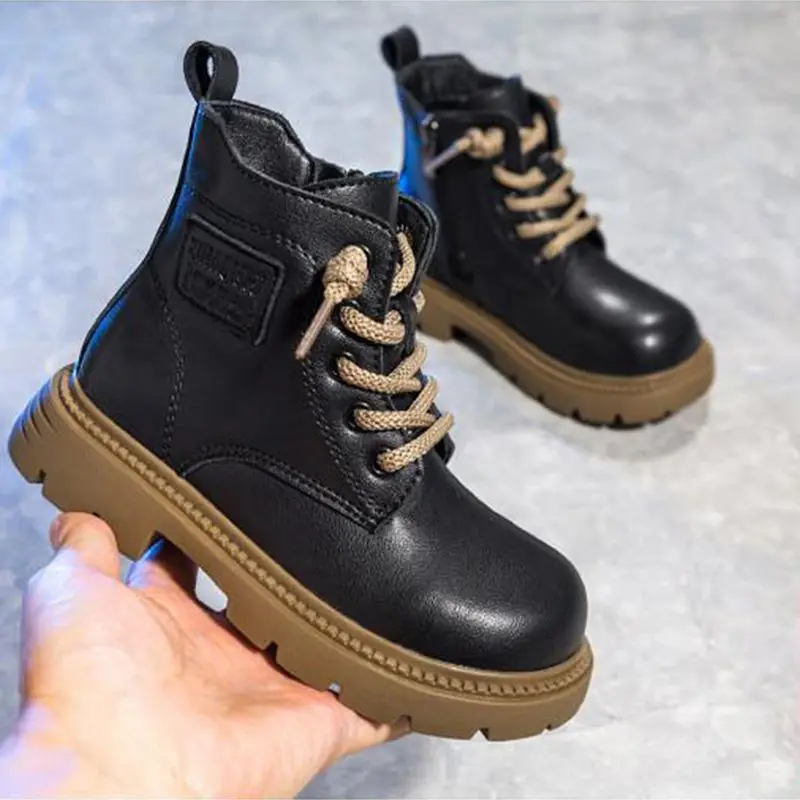 Kids Boys Girls Winter Boots 2026 British Style Warm Fleece Lined Leather Ankle Boots Fashion School Shoes for Children