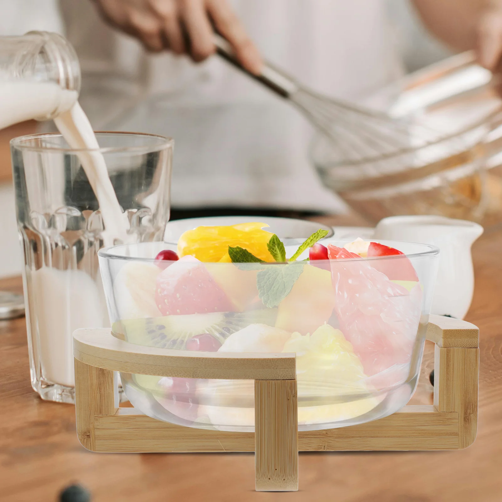 

1 set 1 Set Heat Resistant Glass With Wooden Base Microwave Safe Food Storage Container Dessert Snack Bowl Serving Mixing Bowl