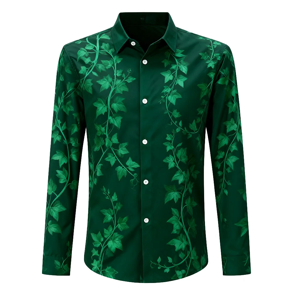เสื้อเชิ้ตผู้ชายลายพืชธรรมชาติแบบใหม่ ผ้าเนื้อนุ่มยืดหยุ่นเล็กน้อย แขนยาว ปกเสื้อเชิ้ตแบบลาペル สไตล์ฮาวาย เหมาะสำหรับงานธุรกิจและงานปาร์ตี้