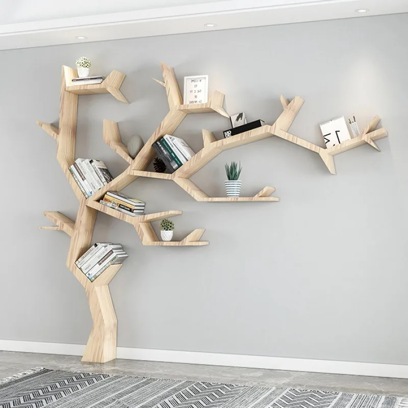 

Solid wood creative tree art background wall display shelf, bookshelf living room wall floor shelf