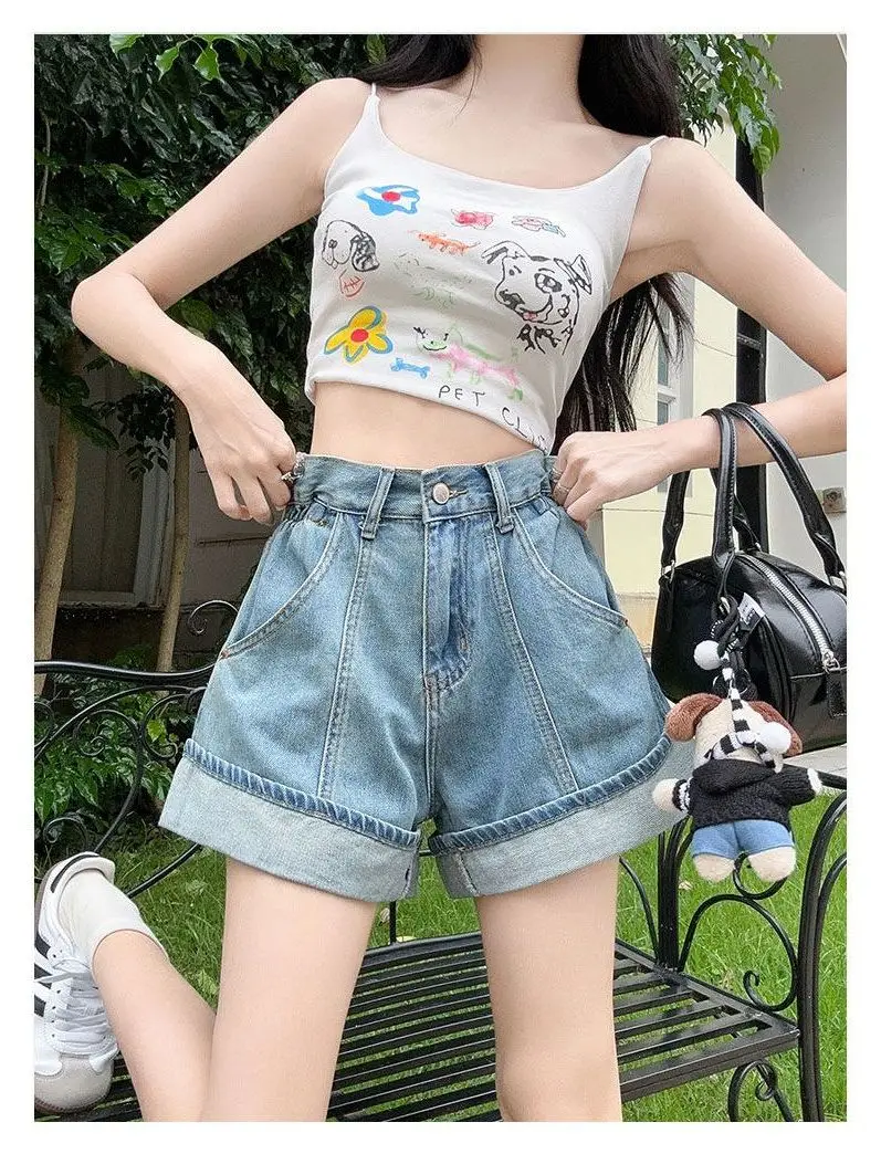 High Waist Denim Shorts Women's Casual Wide Leg A-Line Hot Pants Spring Fashion plus Size Matching Set Casual Style