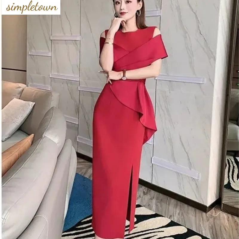 

2024 Summer New Celebrity Style Light Luxury Slim Design Sense Sleeveless Split Dress Off the Shoulder Dress for Women