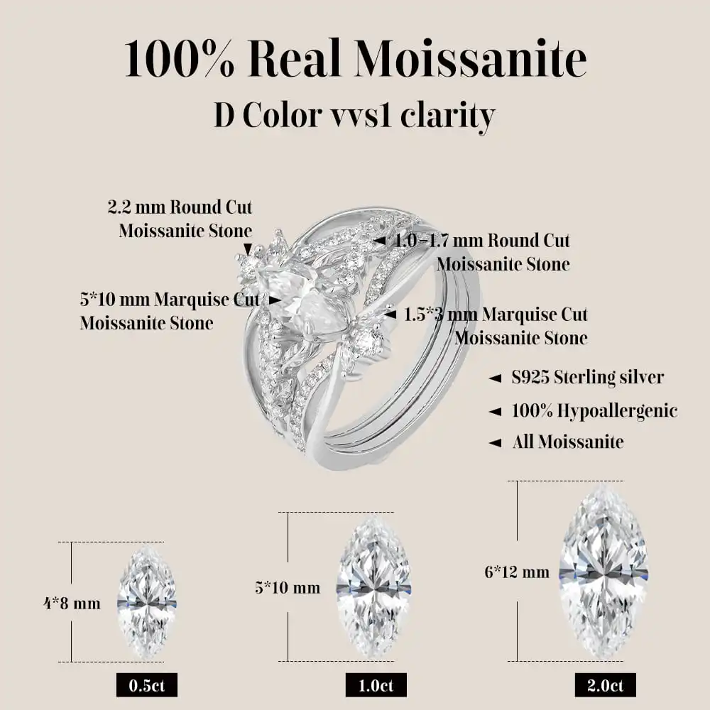 MINTYBOX Marquise Cut 1ct Moissanite Ring 925 Silver Wedding Bridal Sets for Women Detachable Stackable Design Fine Jewelry Gift