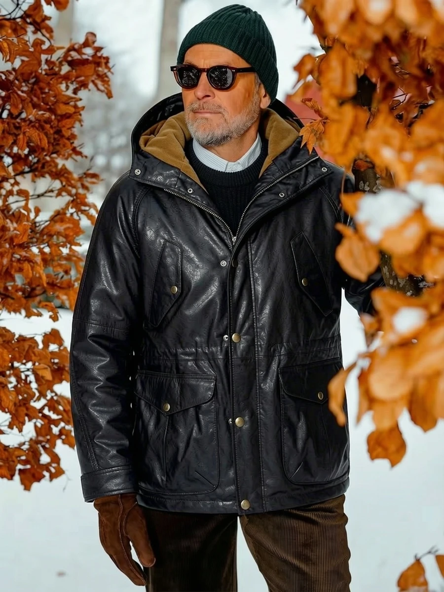 

Curphey Spring 2026 Men's Hooded Tanned Leather Jaet Warm Fce Lined Long Sve Zipper Closure Casual Leather Coat