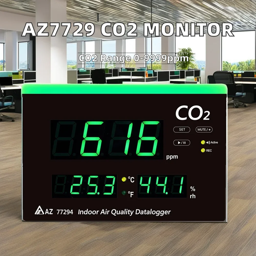 77294 AZ مقياس جودة الهواء الداخلي المثبت على الحائط، مراقبة ثاني أكسيد الكربون، مراقبة الرطوبة ودرجة الحرارة، نطاق CO2 0 ~ 9999ppm