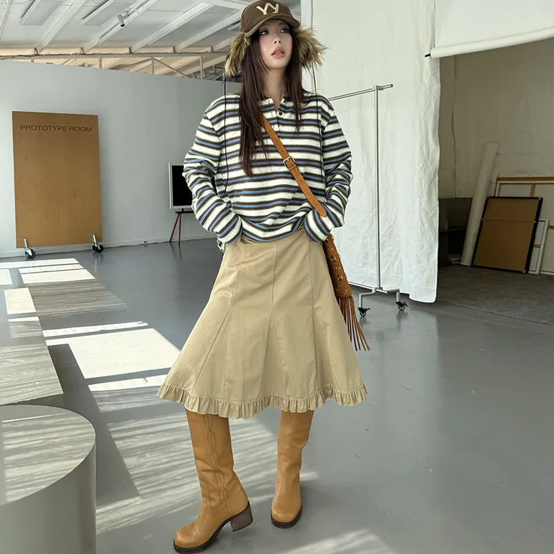 

2025 модная уличная ретро свободная тонкая плиссированная юбка с рыбьим хвостом и нишевым дизайном