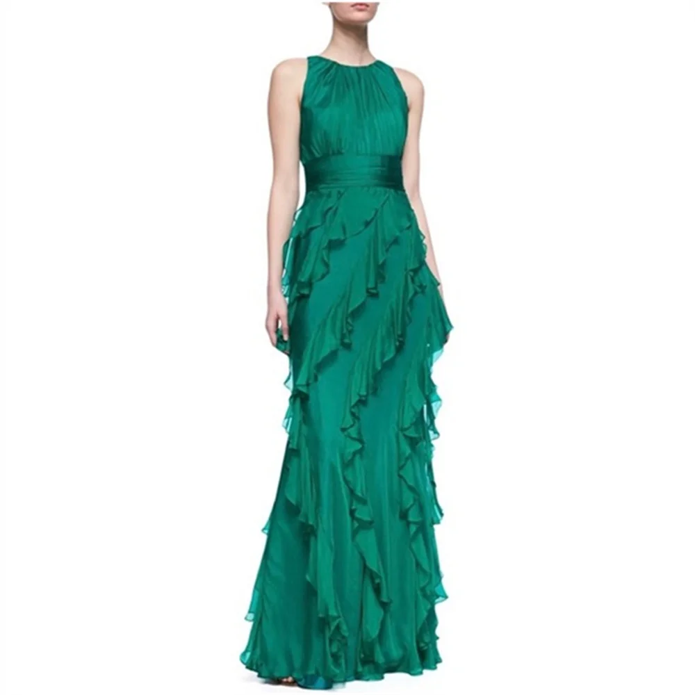 Bella-Vestidos De Fiesta De gasa verde, vestido De novia De sirena con borde De cuello redondo, personalizado, sin mangas, largo hasta el suelo