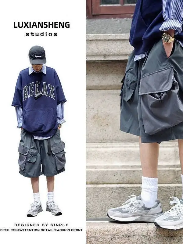 Unisex Cargo Shorts 2026 New Japanese Cityboy Retro Multi Pocket Cargo Shorts Men Loose Wide Leg Techwear Casual Crop Pants