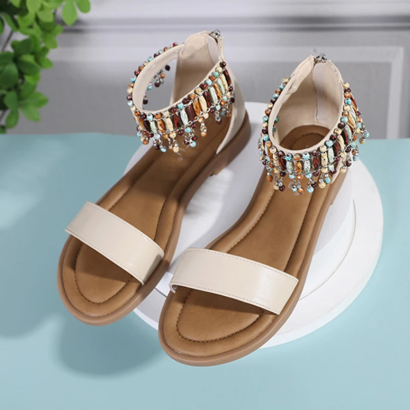 

Summer Bohemian Beaded Tassel Ankle Strap Flat Sandals Non Slip Big Size Comfortable Casual Footwear For Daily Vacation Wear