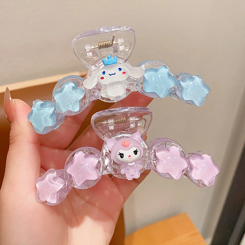 Pinza para el pelo Kawaii Melody Kuromi, Clip de tiburón de dibujos animados transparente con Flash fino, horquillas de cola de caballo con forma de corazón para niña, accesorios para el cabello de Anime